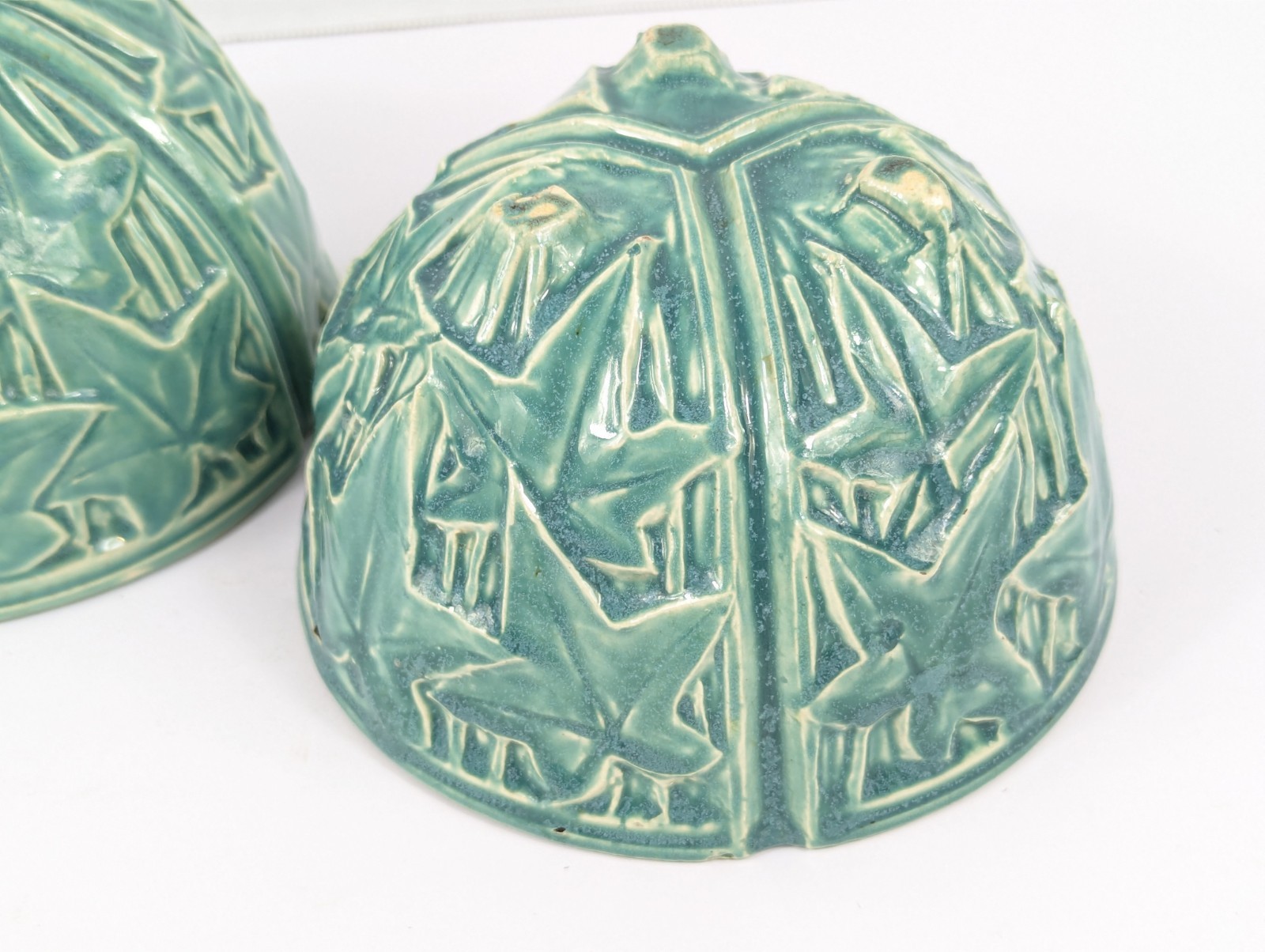 (2) Vintage McCoy Unmarked Pottery Ivy Turquoise Basket Planters 3 Footed