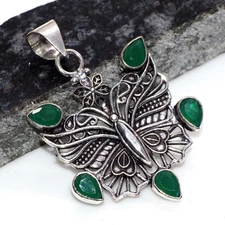 925 Silver Plated Butterfly Green Onyx Faceted Pendant Gemstone 2" JW