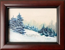 Framed Original Oil Landscape Painting Winter Forest Snowy Pines Art 7x9 Signed