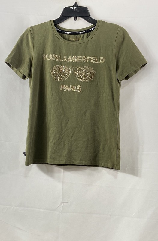 Karl Lagerfeld Women's Green Sequin Stud Sunglasses Graphic T-shirt Sz XS
