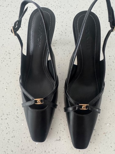 COACH Rowyn Leather Slingback, Low Heels, black, Size 9 B
