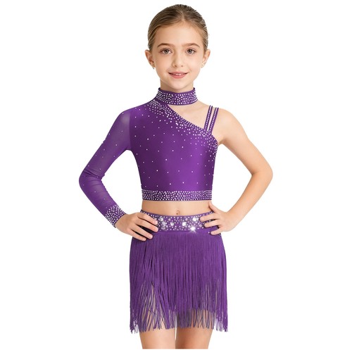 Kids Girls Costume Long Sleeve Dress Practice Outfits Crop Top Dancewear Shiny - Picture 42 of 68