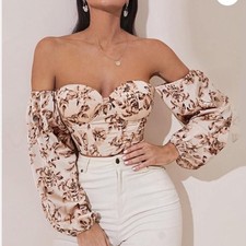 Shein Floral Print Corset Top Long Sleeve Lace Up Back Crop Shirt Women small