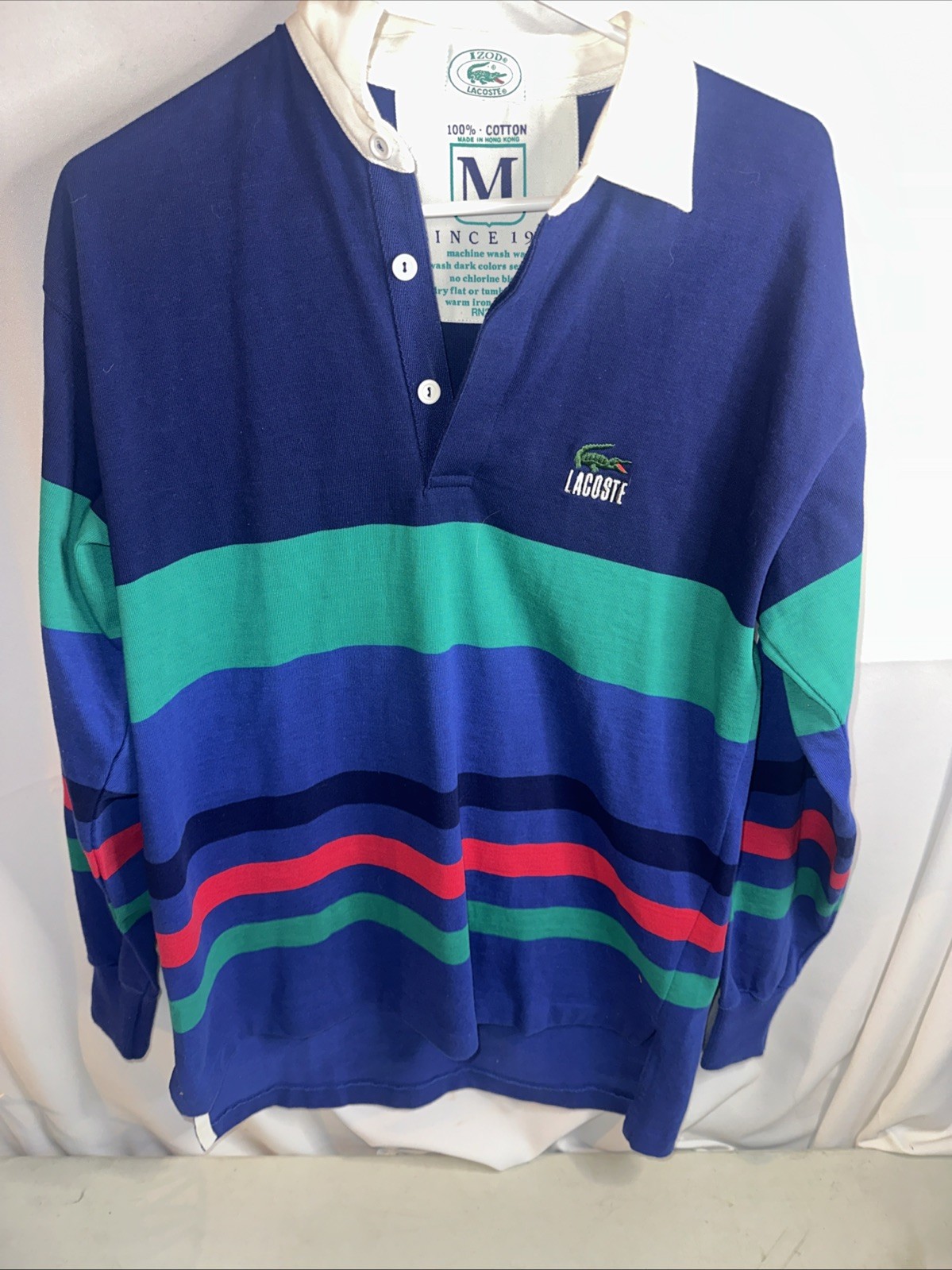 Vintage Lacoste Rugby Shirt Multicolor Striped Cotton Long Sleeve Size M