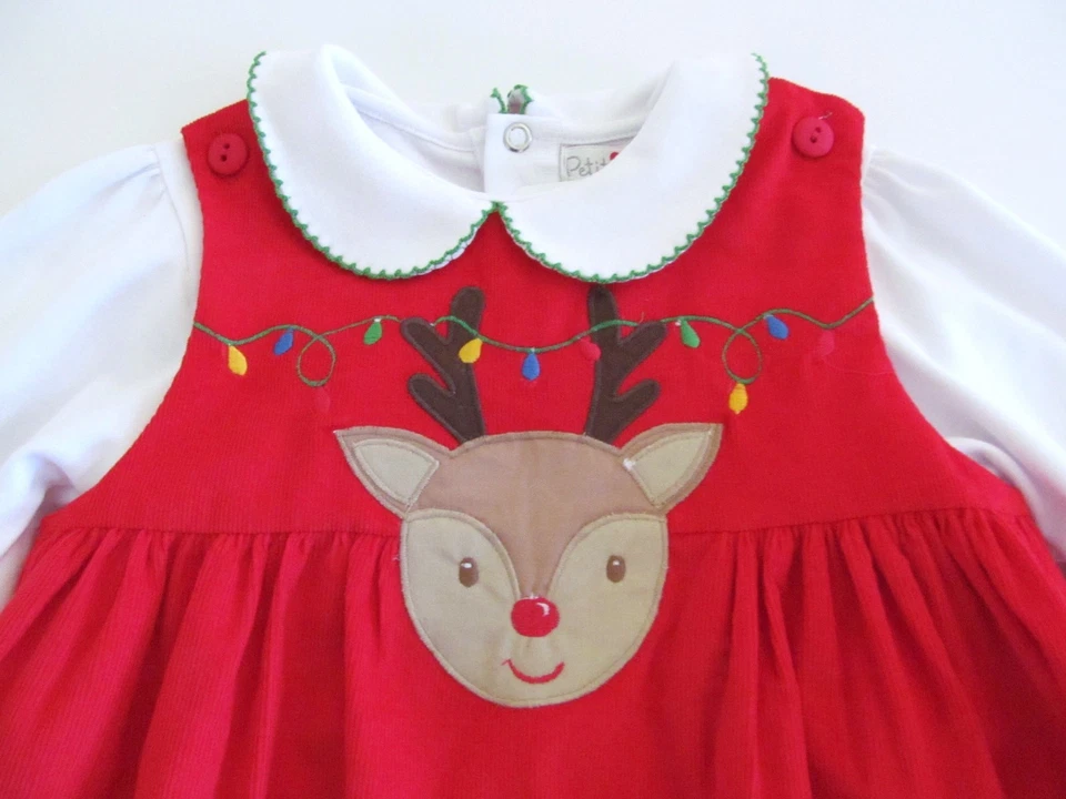 NWT Petit Ami Boutique Baby Girl Dress Set 18 Mo Red Corduroy Christmas Reindeer - Image 2 of 4
