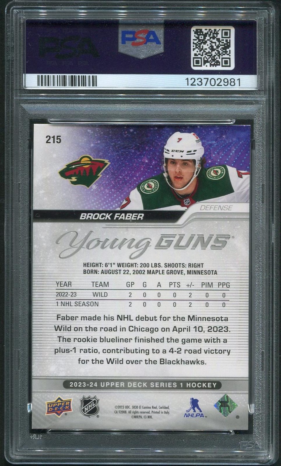 2023/24 Upper Deck Hockey #215 Brock Faber Young Guns Rookie PSA 8 (NM-MT) view 2