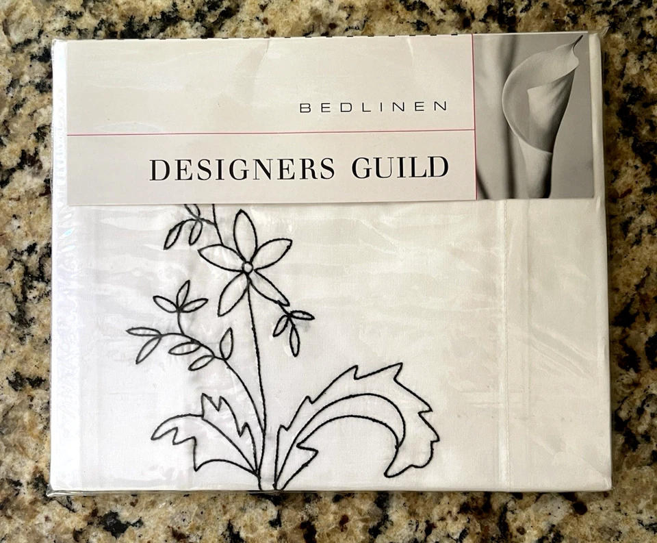 Designers Guild Bedlinen White Euro Sham Black Floral Embroidery 7 Available New - Image 2 of 4