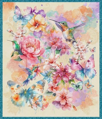 Flight of Fancy ~ 35'' x 44'' ~ Hummingbird and Floral Fabric Panel