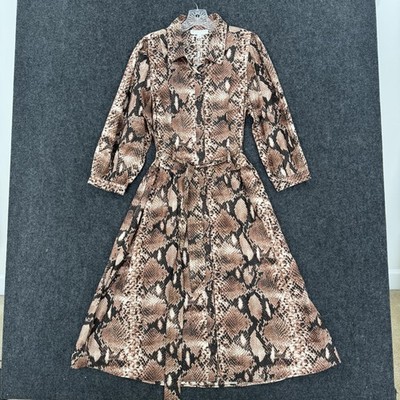 Caroline Constas Dress Womens Medium Brown Snake Print Shirt Midi Cotton Belted