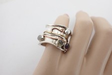Vintage Sterling Silver Wide Band Ring With Gemstones Size 6 Moonstone Amethyst