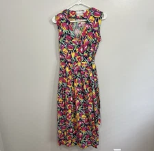 Vintage Wrap Dress Carolina Colours Womens Sz. Medium 100% Cotton Floral Pockets