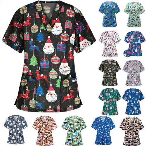 Christmas Print Scrubs V-Neck Top Work Uniform Casual Women Nurse Blouse T-shirt - Picture 3 of 27