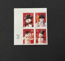 US 2002 37c SNOWMEN CHRISTMAS UL PLATE BLOCK 4 STAMPS; SC# 3676-69
