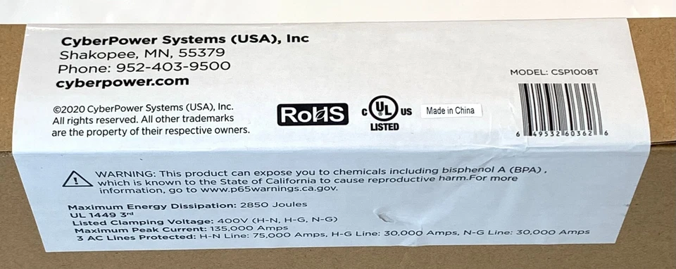 CyberPower CSP1008T 10-Outlet Professional Surge Protector with 8 FT Cord - Image 3 of 3