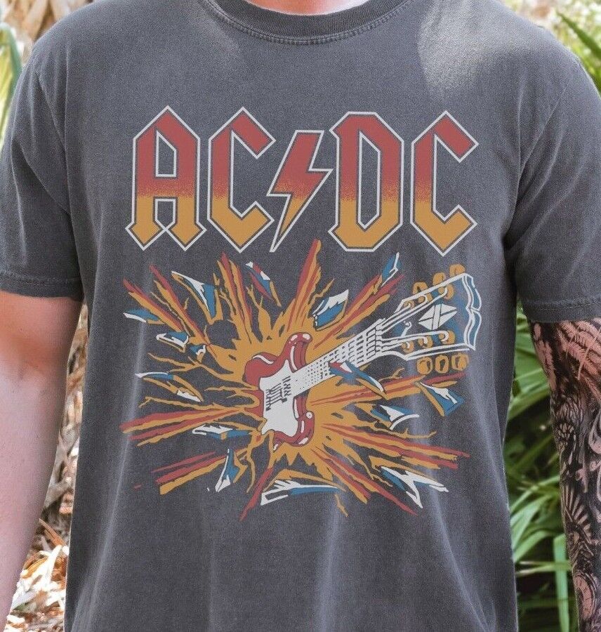 AC/DC Guitar T-Shirt Rock Band Legend on Vintage Black Comfort Colors 1717 Tee AC/DC Guitar T-Shirt Rock Band Legend on Vintage Black Comfort Colors 1717 Tee