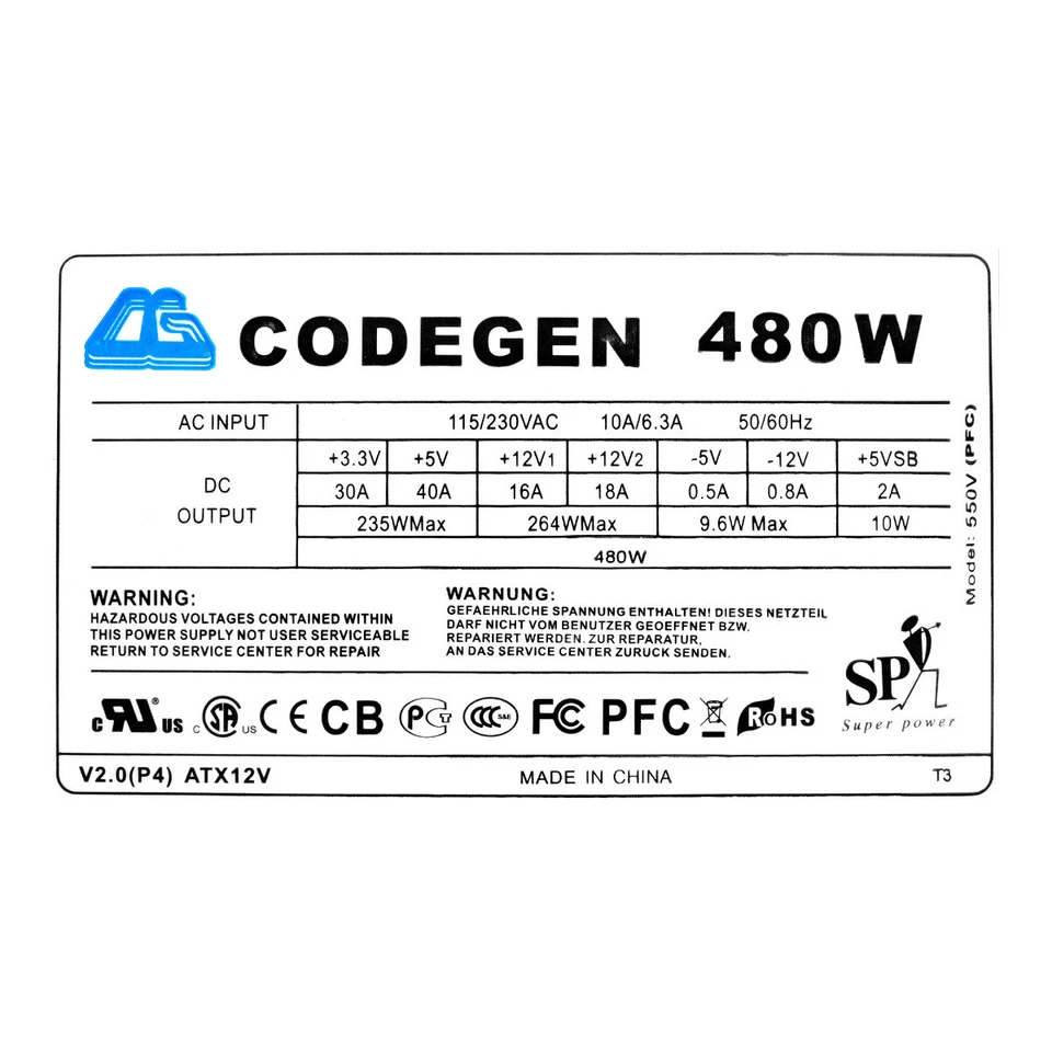 Alimentatore Codegen 550V (PFC) 480W ATX 20+4-PIN - Immagine 3 di 3