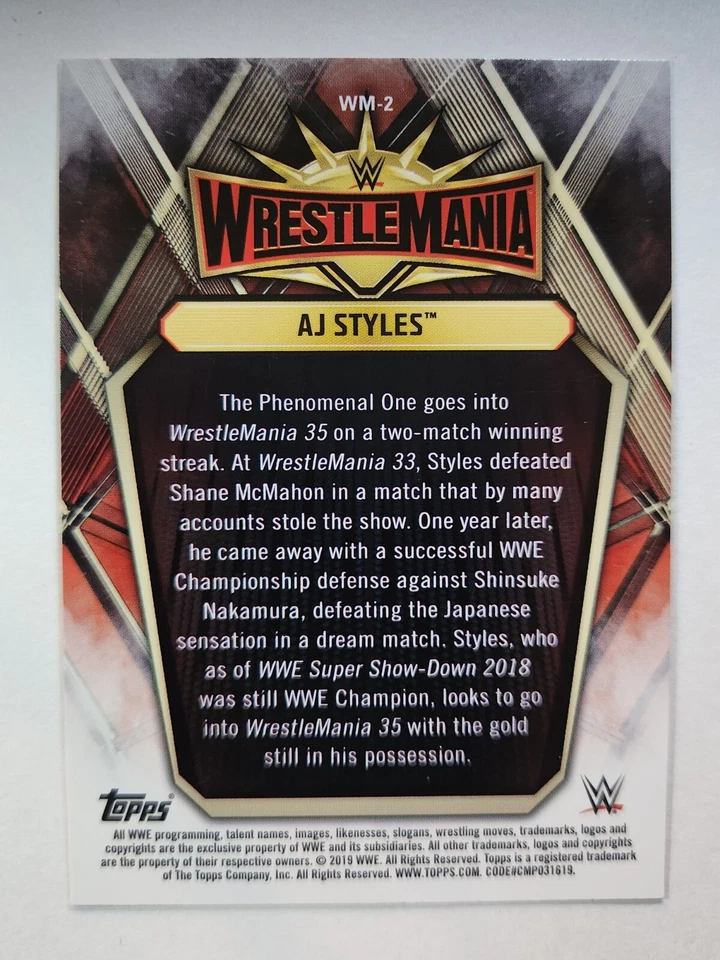 2019 Topps WWE Road To WrestleMania ROSTER 〜 #WM-2 AJ STYLES - Image 2 of 2