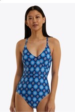 NEW Draper James Crossover Nassau Navy Blue Multi One Piece Swimsuit XL UPF 50