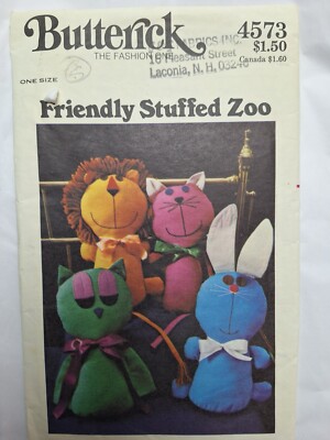 Butterick 4573 Stuffed Animals Zoo Lion Rabbit Cat Owl Vtg Sewing Pattern