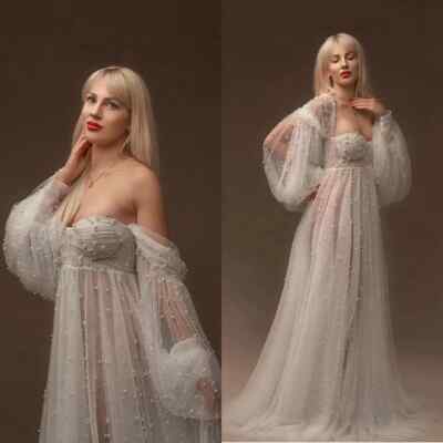 Fairy Pearls Prom Dresses Long Sleeve Evening Robe Photoshoot Maternity  Dress | eBay