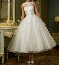 Vintage Short Wedding Dress Sleeveless Tea Length Tulle Applique Bridal Gowns