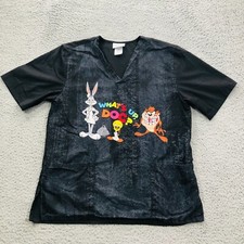 Looney Tunes Shirt Womens Medium Black Scrubs Whats Up Doc Bugs Bunny Taz Tweety