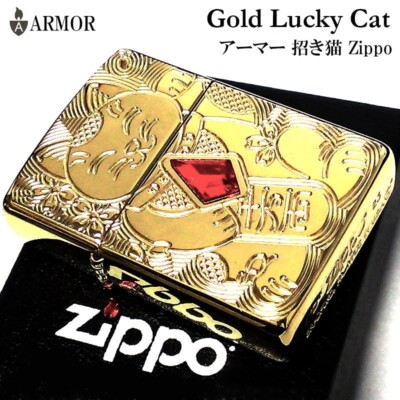 Zippo Armor Lucky Cat Design Gold Red Stone High Polished