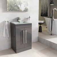 Fry 515mm Floor Standing Vanity Unit Anthracite Grey With White Glass Basin Fry 515mm Floor Standing Vanity Unit Anthracite Grey With White Glass Basin