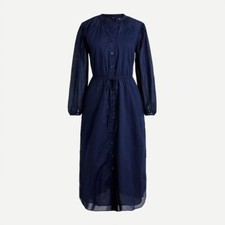 J Crew Navy Blue Cotton Tie-waist Cotton Voile Midi Dress Resort 10P Ret $128