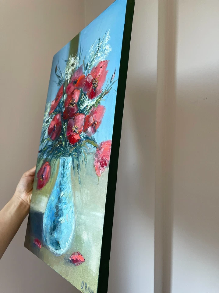 Pintura Amapola Roja Arte Original Óleo Lienzo Pintura Flor Arte 12x20" Firmado Foto 2 de 4