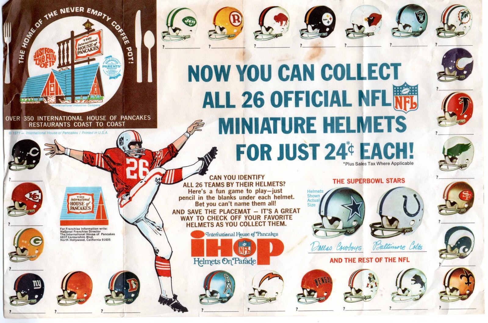 Vintage Early 1970's Set Of Mini NFL IHOP Helmets On Parade eBay
