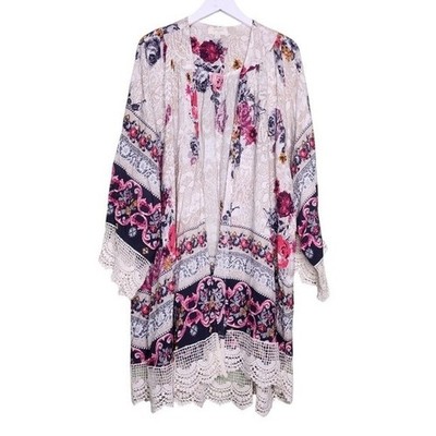 Umgee USA Rose Print Pink White Duster Jacket Boho Beach Cottage Floral SM