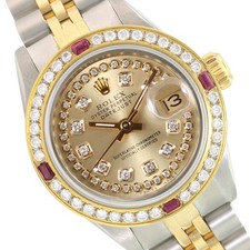 Rolex Datejust 69173 TwoTone Champagne String Dial Ruby Bezel 18KY SS 26mm Watch