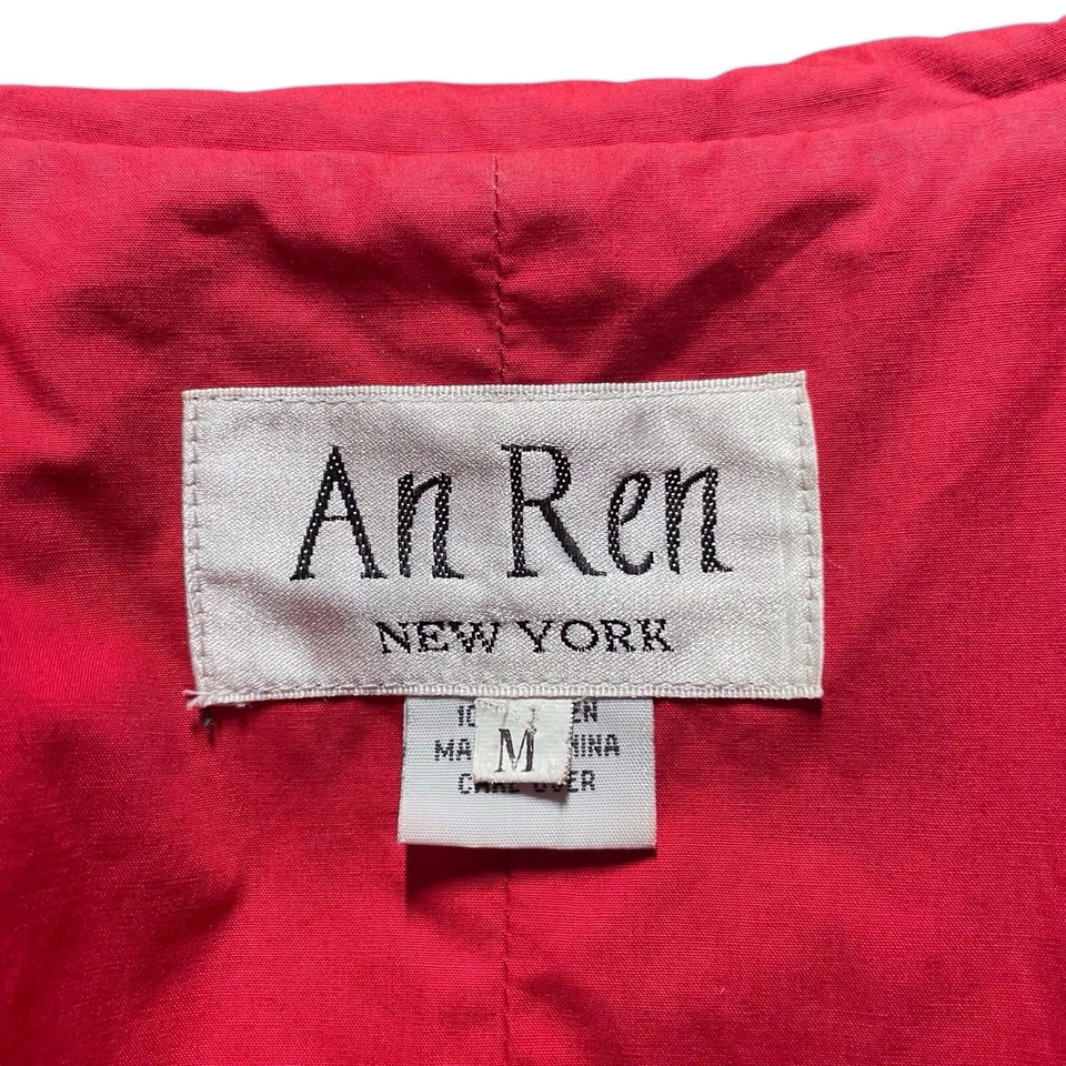 Chaqueta De Colección AN REN Talla Mediana Floral Negro Rojo Lino Abrigo Largo Usable Arte Foto 3 de 4