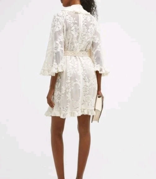 OFF WHITE Mini abito Zimmermann Tiggy in pizzo con volant bianco sporco taglia AU 0 da sposa
