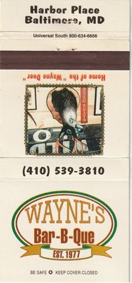 MATCHBOOK COVER - WAYNE'S BAR-B-QUE - BALTIMORE MARYLAND - WAYNE DEER - UNSTRUCK