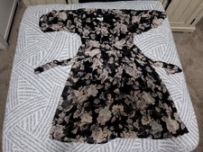 Floral Wrap Midi Dress Tie Closure V-Neck Long Sleeve Black Beige Pink Women