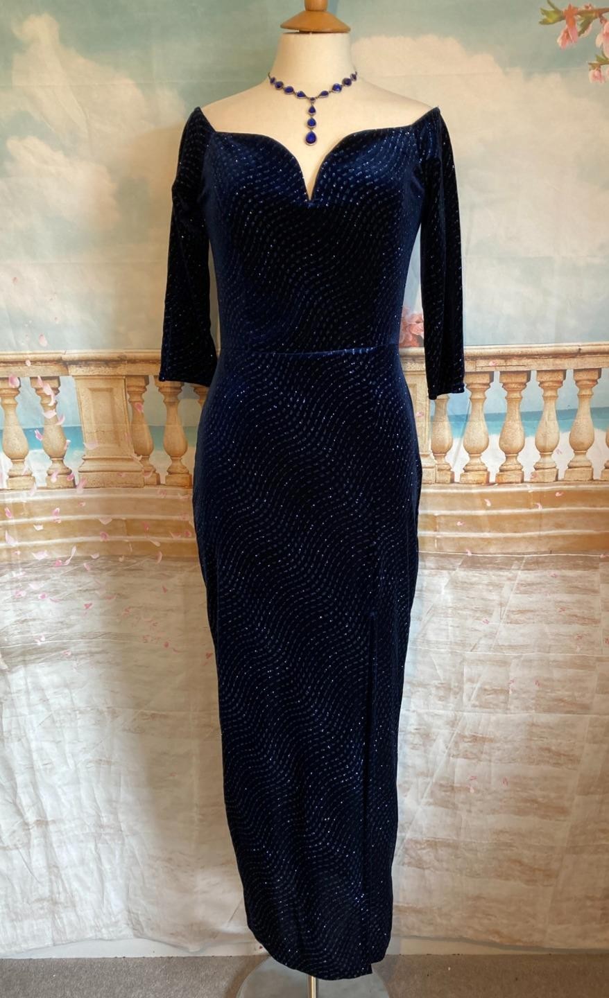 Maxi Evening Dress 10 Navy Blue Velvet Glitter Quiz Bardot Bodycon Long Sleeves