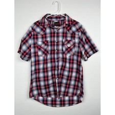Plains Western Wear Shirt Mens Medium Plaid Pearl Snap Short Sleeve Red Blue