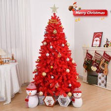 6 FT Artificial Christmas Tree Hinged Christmas Pine Tree Sturdy Metal Stand Red