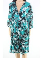 CALVIN KLEIN Womens Tuquoise Belted Lined Long Sleeve Faux Wrap Dress M