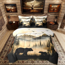 Western Rustic Bear Comforter Set Queen Size Wildlife Hunting 7 Pcs Bedding for