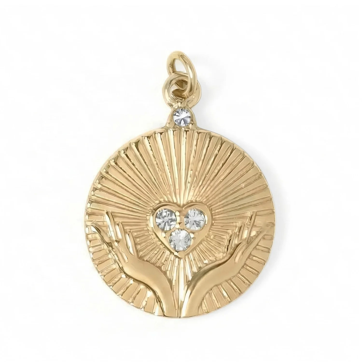 Women's Gold Plated Stainless Steel Crystal Open Hands Medallion Charm - Persona