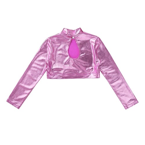 Kids Girls Shiny Crop Top Long Sleeves T-Shirt Tops for Gymnastics Hip-Hop Dance - Picture 54 of 70