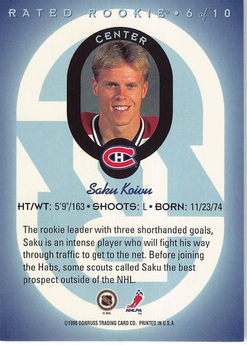 1996-97 Donruss Saku Koivu Rookie Card Montreal Canadiens #6 - Picture 2 of 2