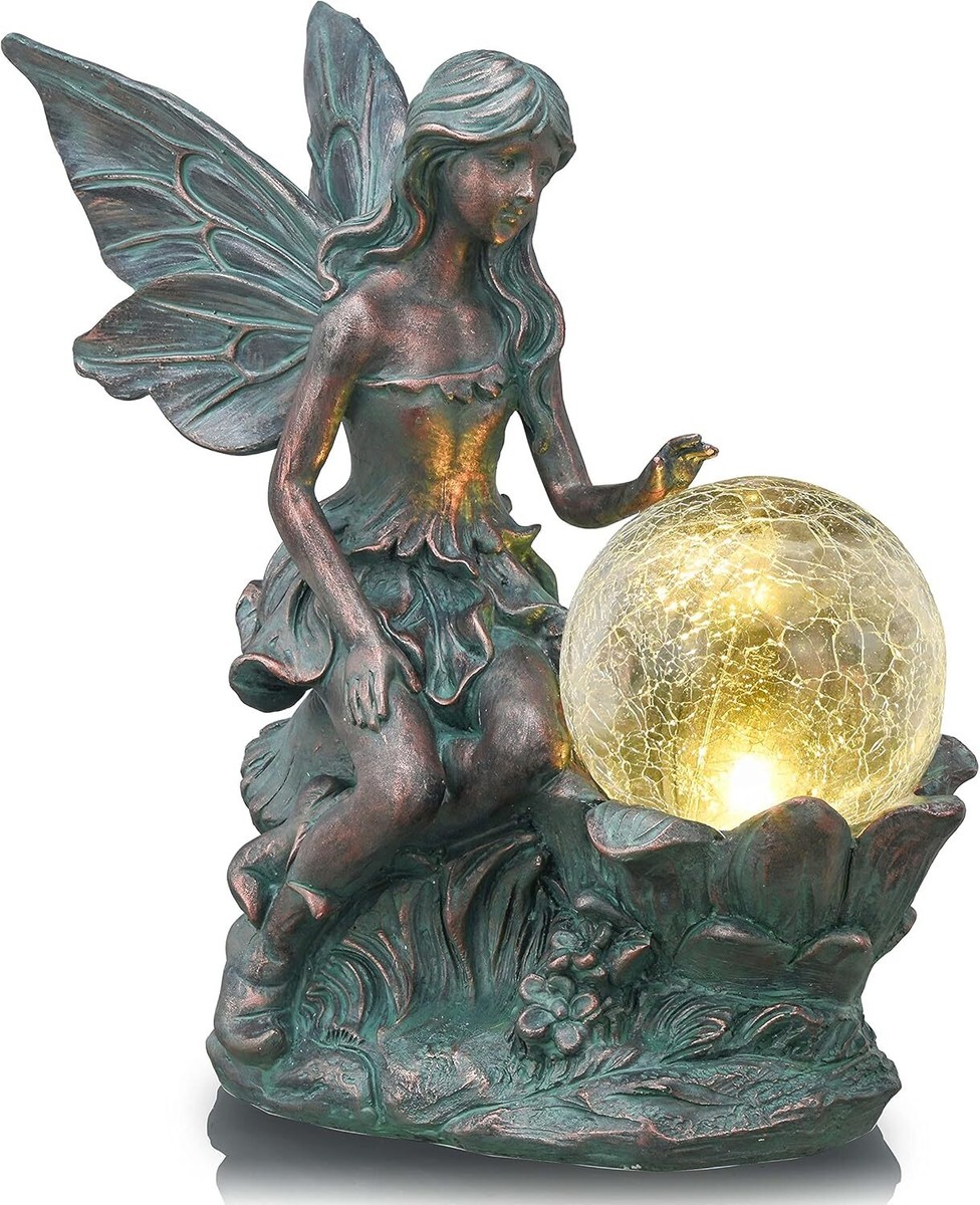 TERESA'S COLLECTIONS Figurine Fée Jardin Solaire Avec Boules Verre - Elfe 32,5cm