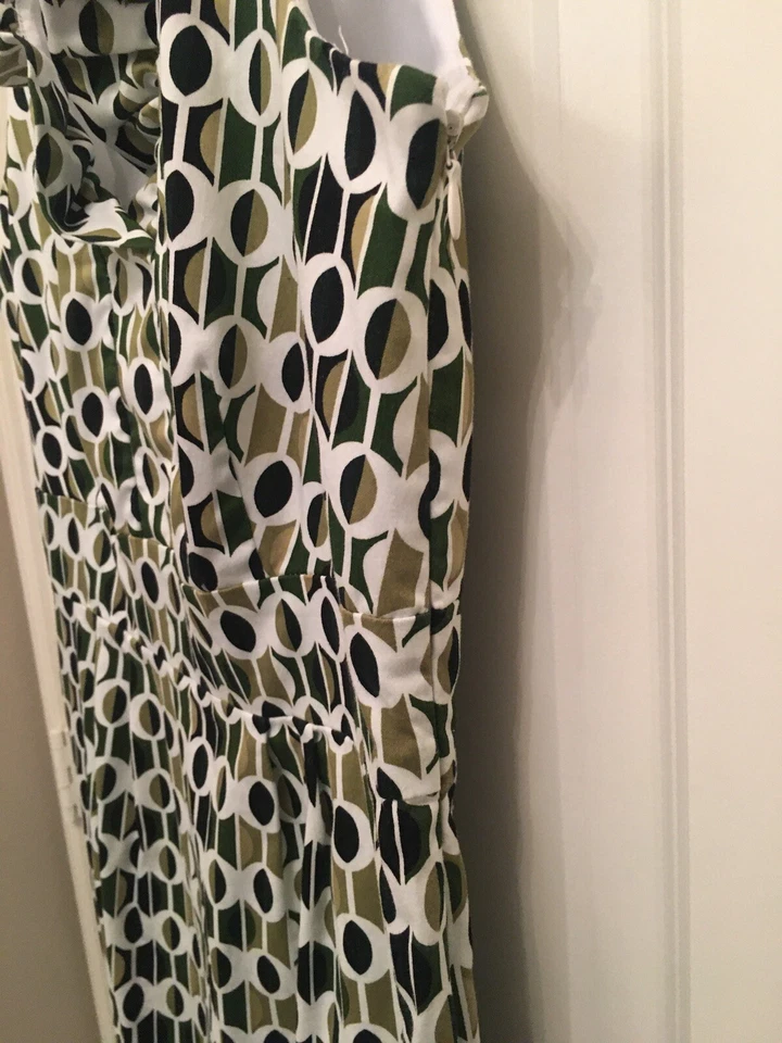 Vestido lápiz ajustado Julian Taylor cuello con volantes verde negro geométrico talla 6 ¡EXCELENTE ESTADO USADO! Foto 4 de 4