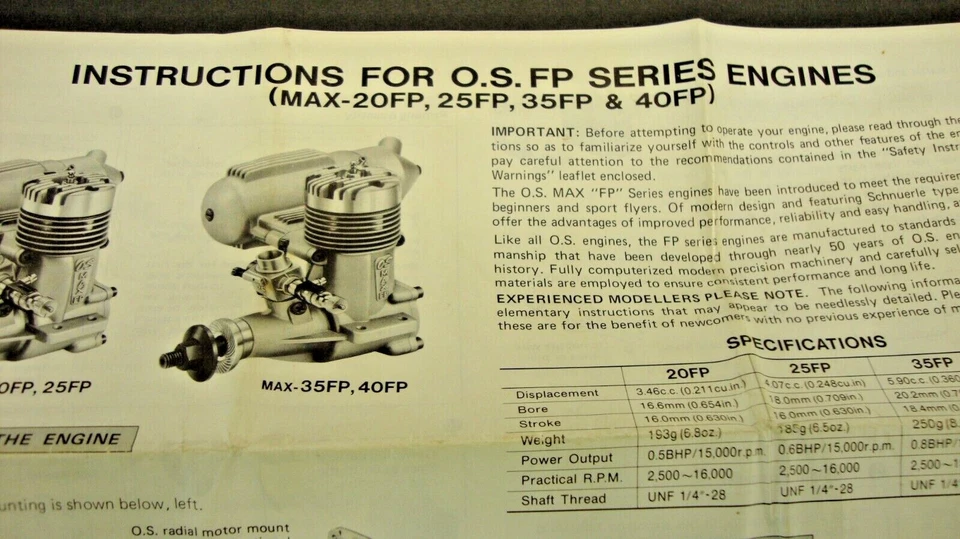 Vintage Instruction Sheet O.S. FP Series Model Plane Engines AS PICTURED - Image 2 of 4