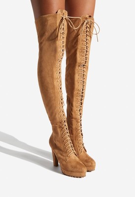 Remi by SHOEDAZZLE, Light tan faux suede corset 4.75'' platform boots, SZ 7.5