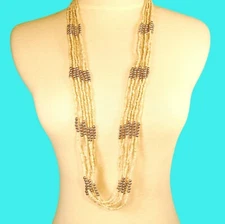36" Long Multi Strand Natural Bohemian Handmade Seed Bead Silver Tone Necklace